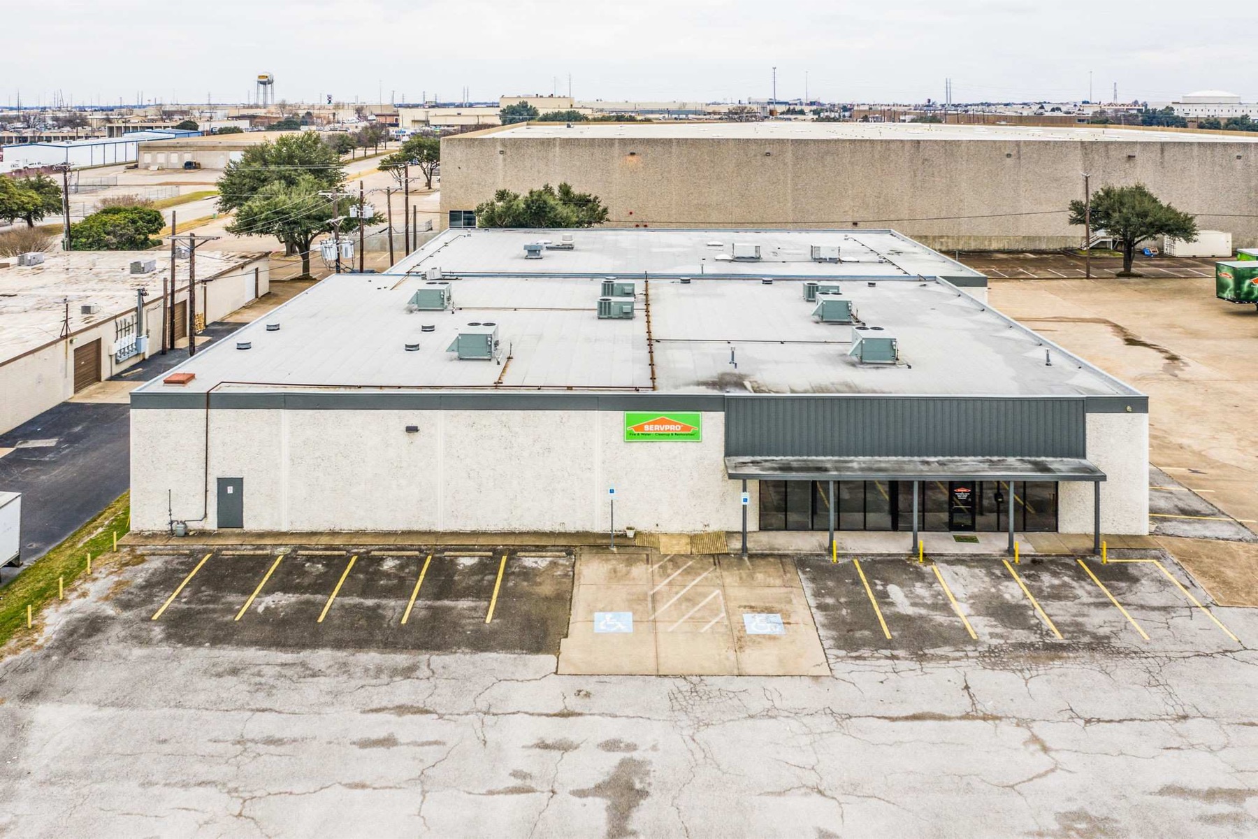 Aerial front view of the SERVPRO building at 2914 National Court in Garland, Texas